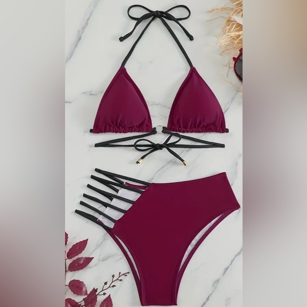 Burgundy Triangle Halter O Ring Cut Out High Waisted Bikini Set